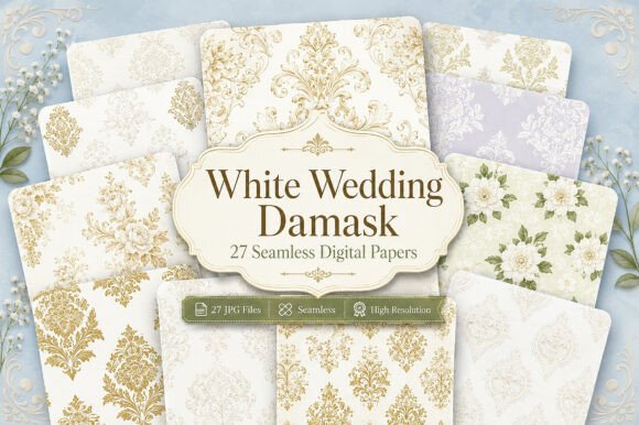 Download White Wedding Damask Digital Paper Bundl - Premium Resources
